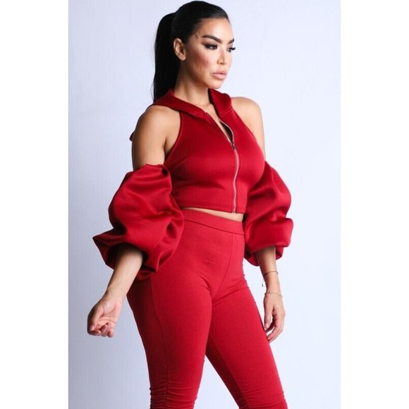 Women's Cold Shoulder Puff Sleeve Crop Top With Hoodie And Matching Pants Set - Picture 3 of 3